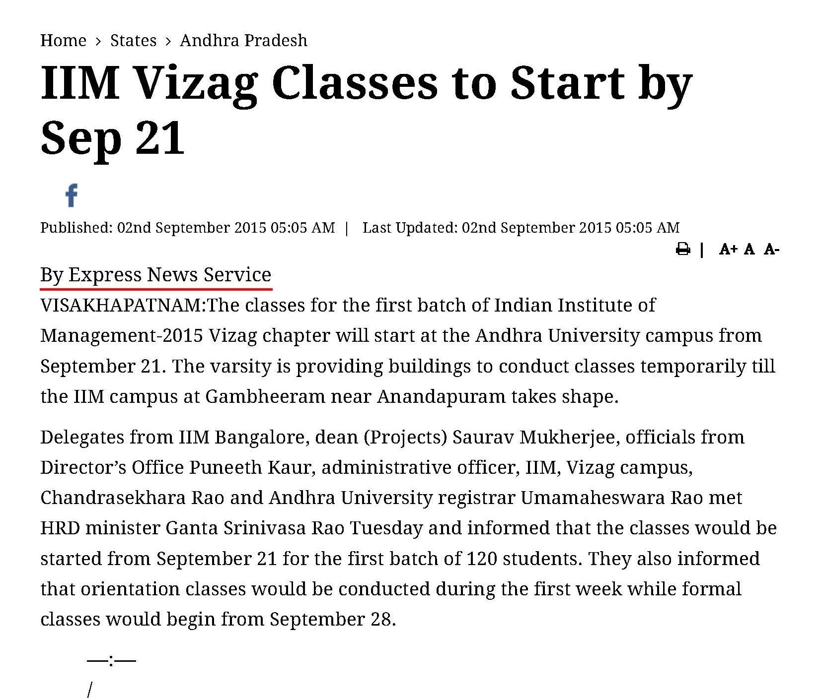 IIM Vizag Classes to Start by Sep 21 - 02.09.2015