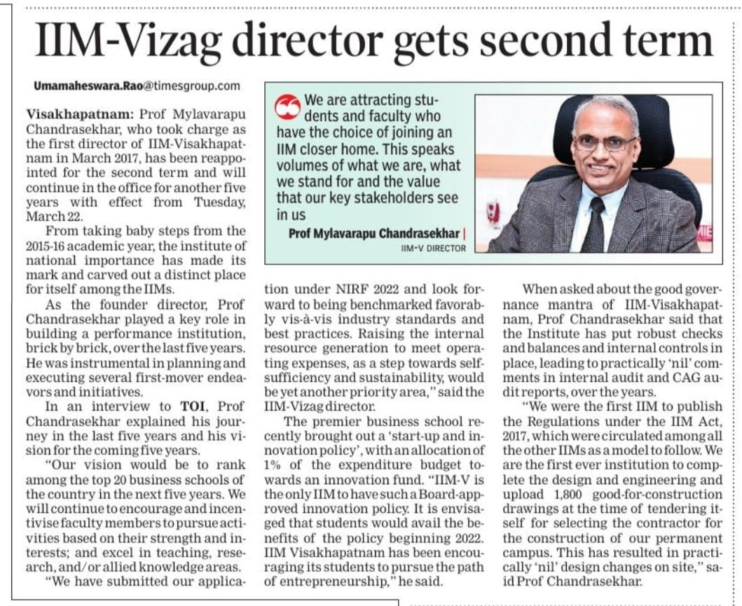 IIM-V Director elected for the second term for five years- 22.03.2022