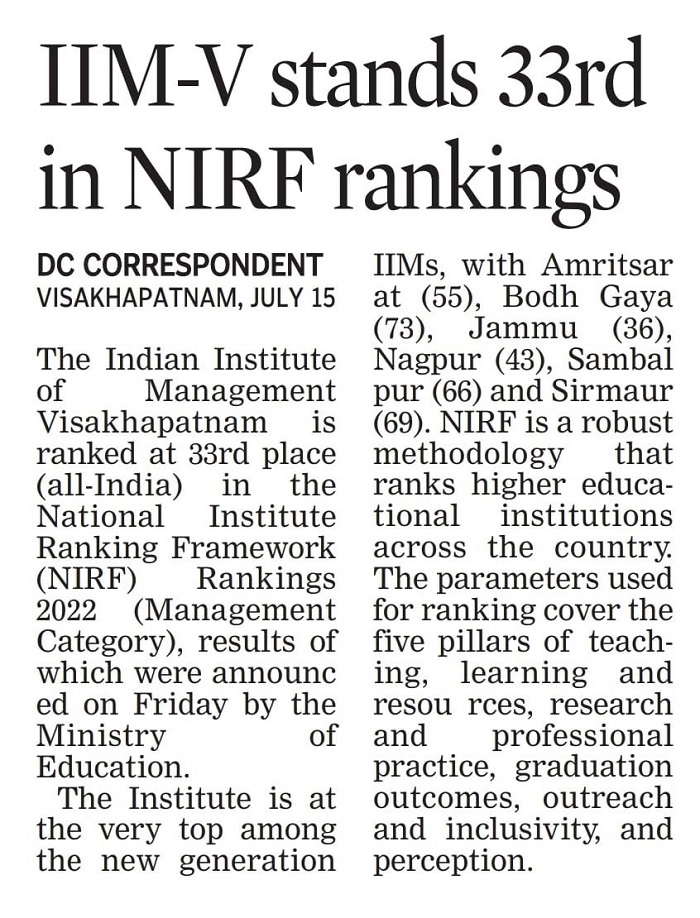 IIM Visakhapatnam bags the top place among the new generation IIMs in NIRF 2022 - 15.07.2022