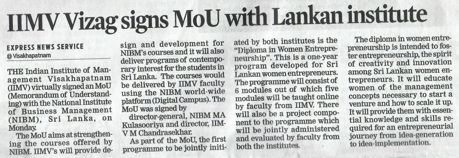 IIMV Vizag signs MoU with Lankan institute - 27.07.2021