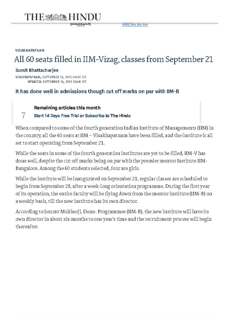 All 60 seats filled in IIM-Vizag classes from September 21 - 16.09.2015