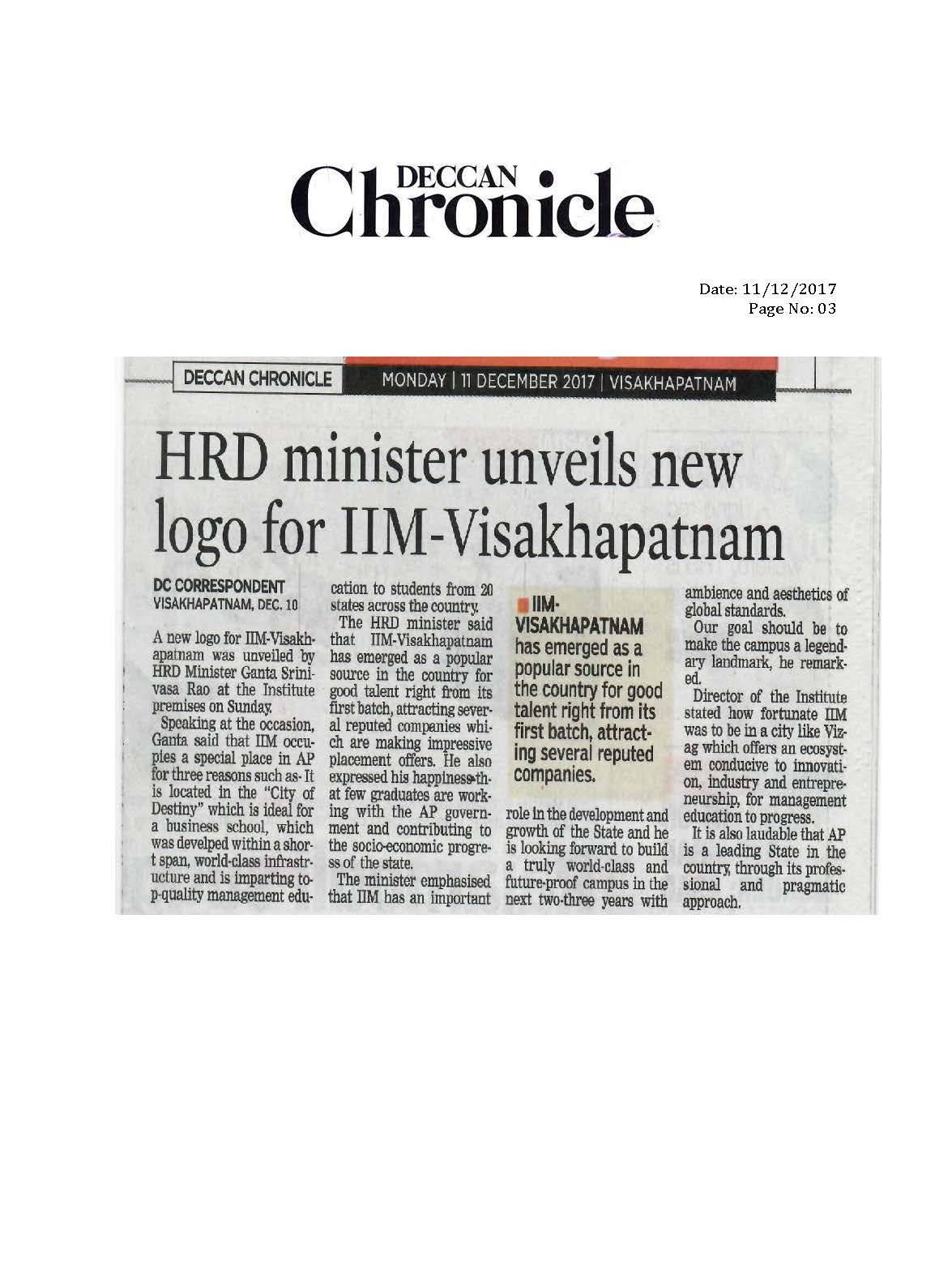 HRD minister unveils new logo for IIM-Visakhapatnam - 11.12.2017