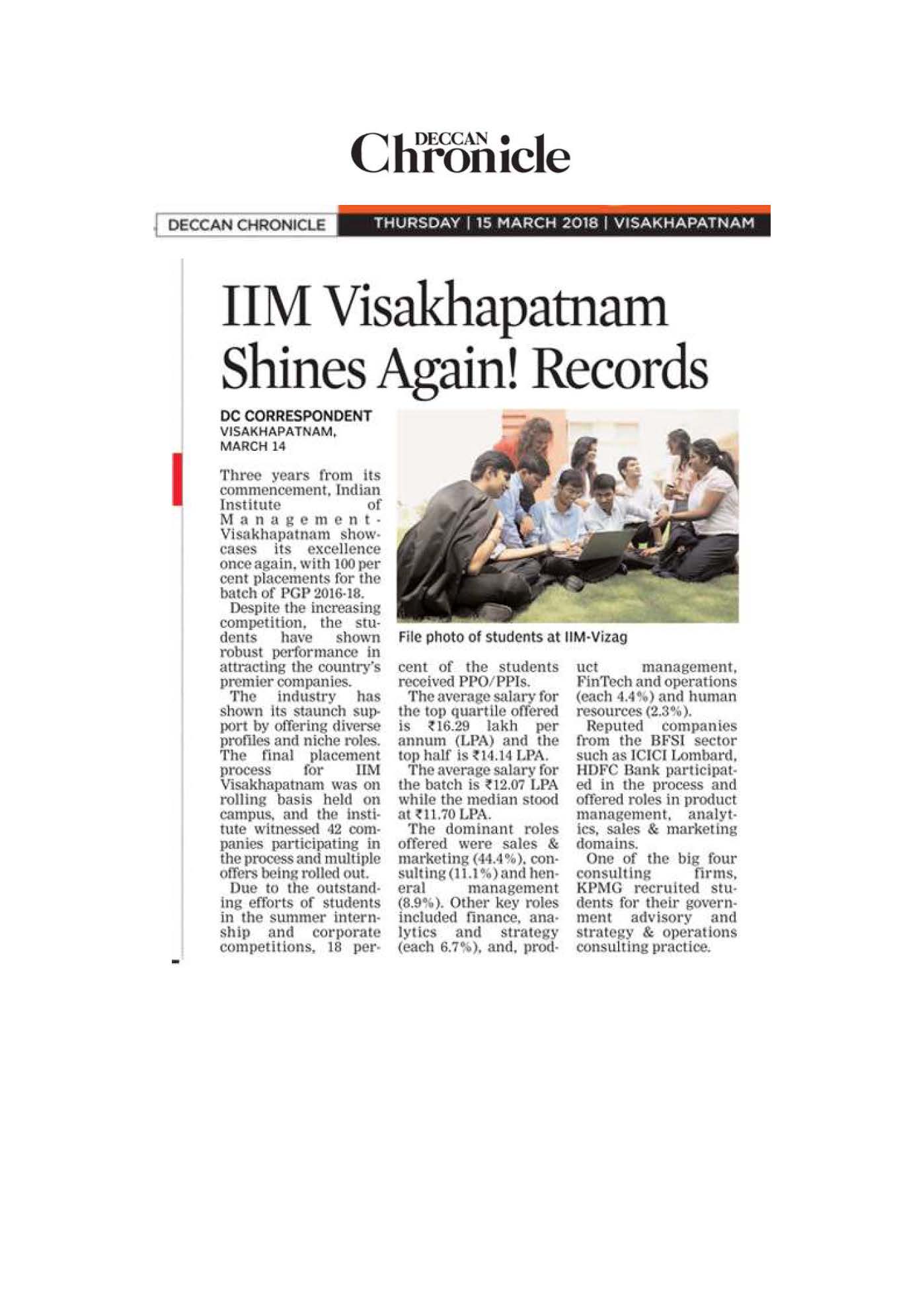 IIM Visakhapatnam shines again Records 100 percent placements - 15.03.2018