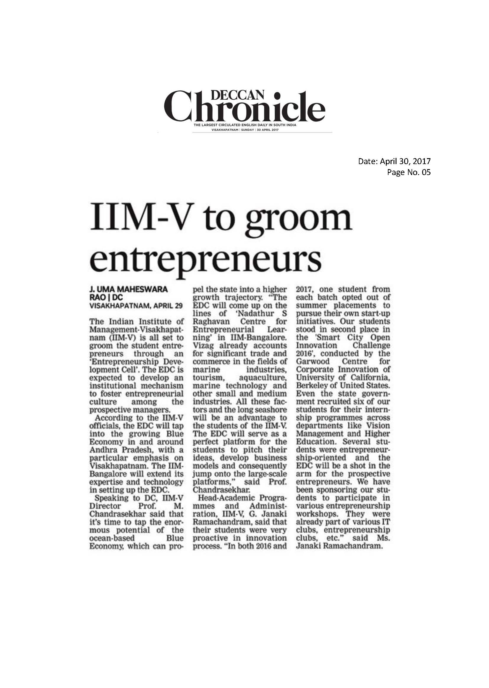 IIM-V to groom Entrepreneurs - 30.04.2017