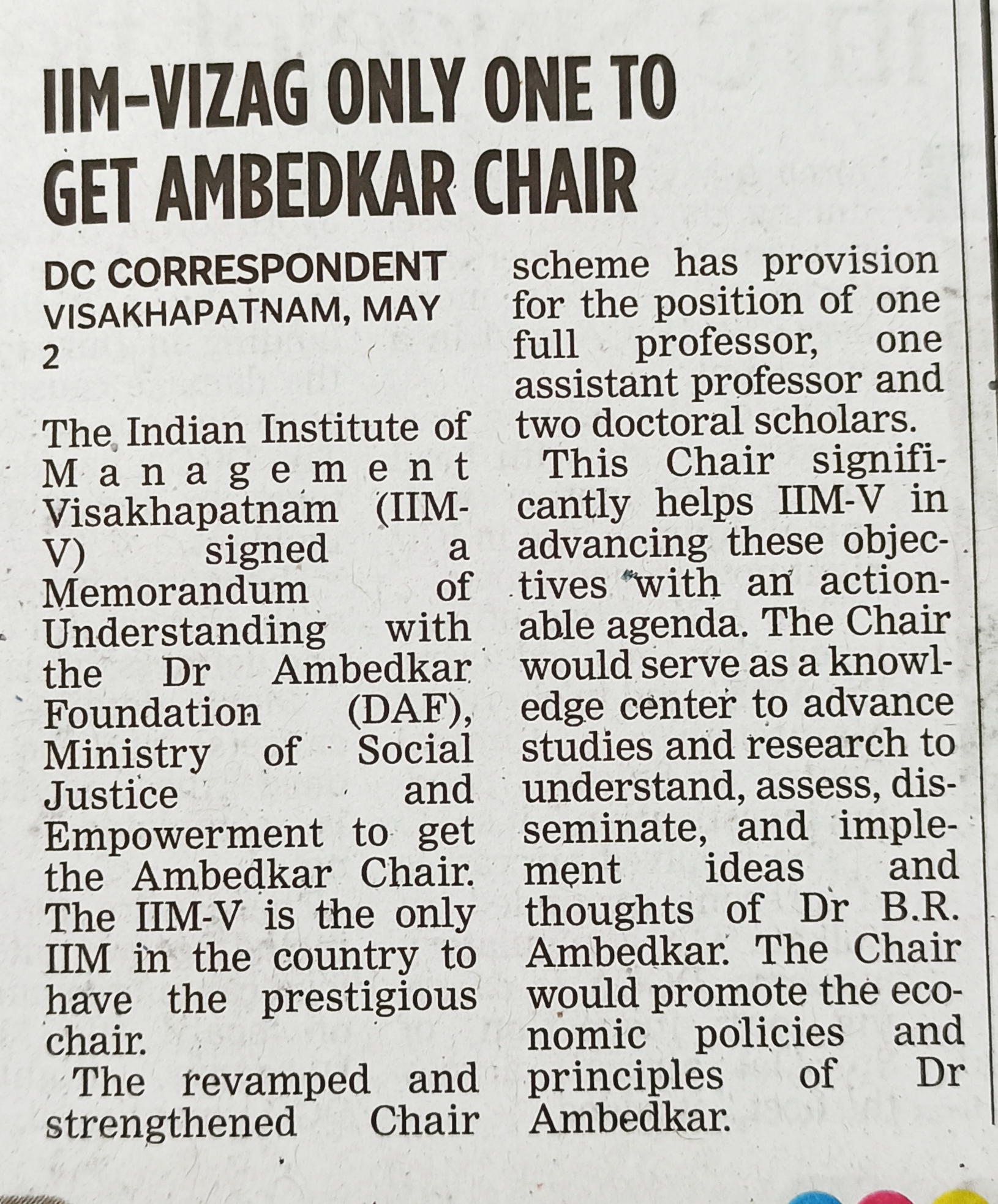 IIMV has been awarded the Dr Ambedkar Chair by the Union ministry of social justice and empowerment - 03.05.2022