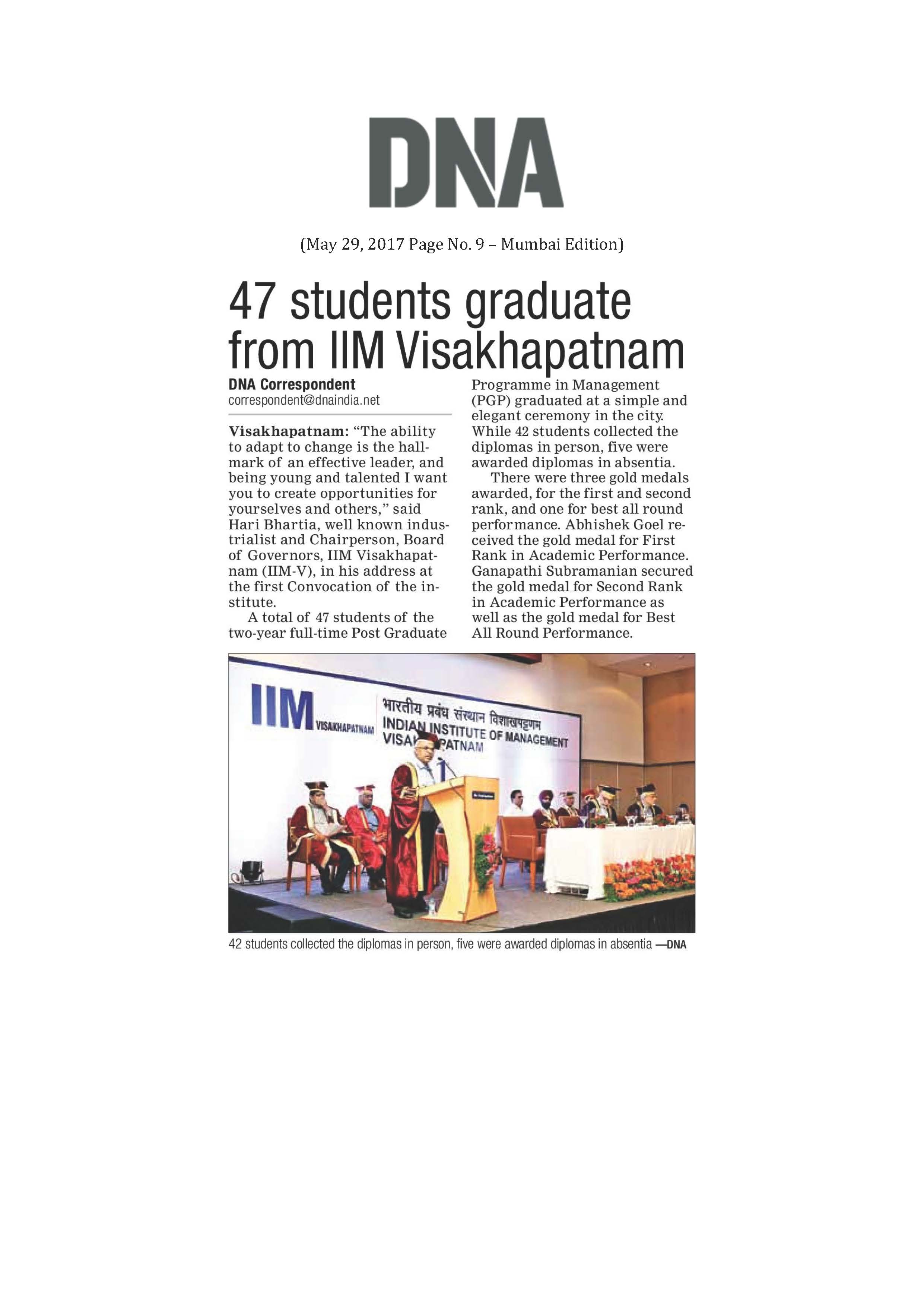 Forty-seven students graduate from IIM Visakhapatnam - 29.05.2017