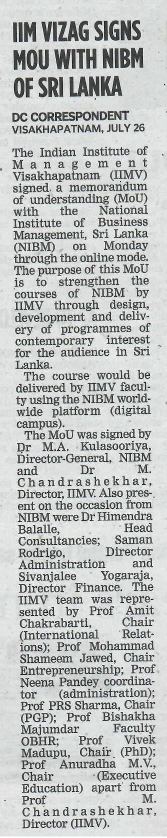 IIMV Vizag signs MoU with Lankan institute - 27.07.2021