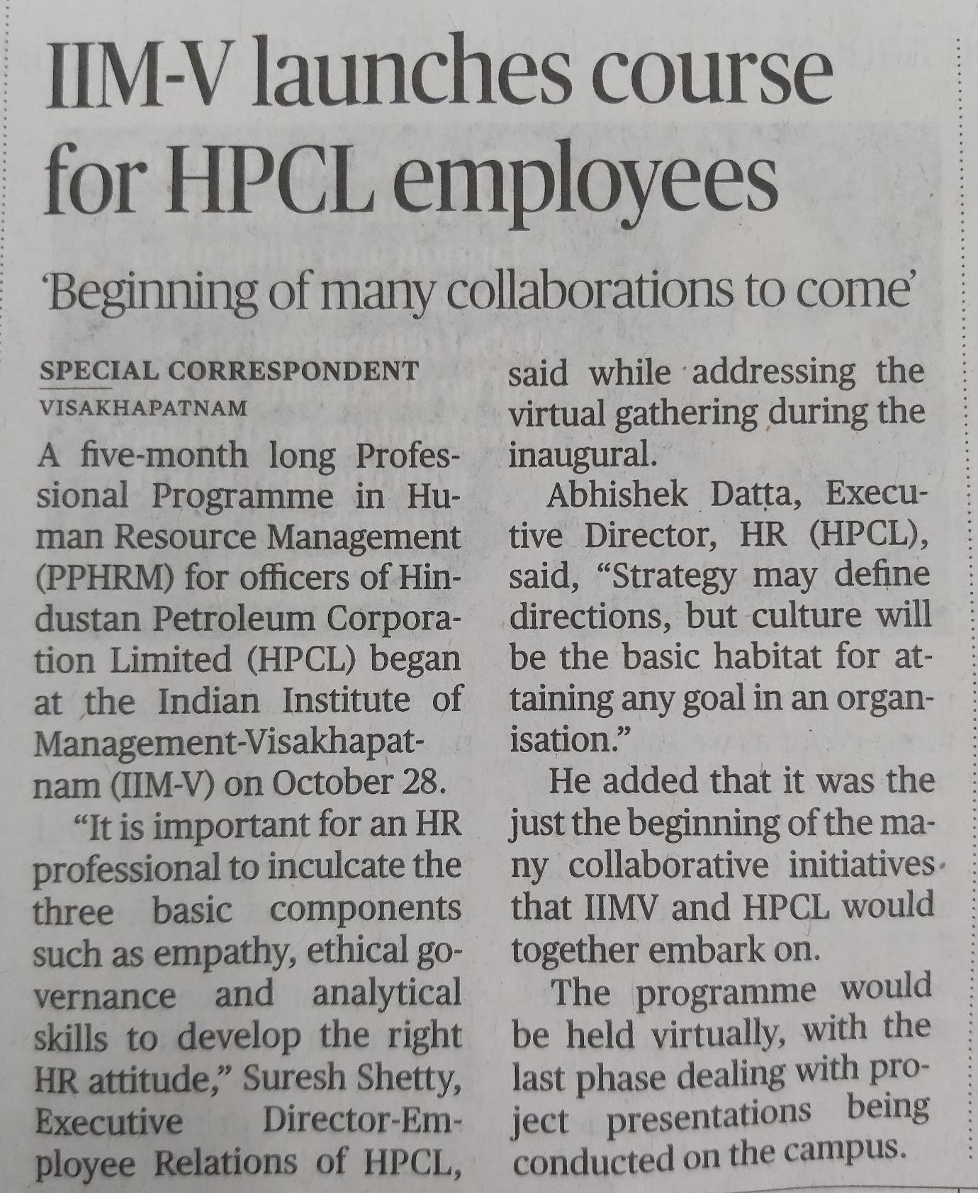 IIM-V launches course for HPCL employees - 29.10.2021