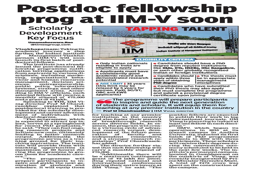 IIMV will soon launch its first batch of Post Doctoral Fellowship - 07.03.2024