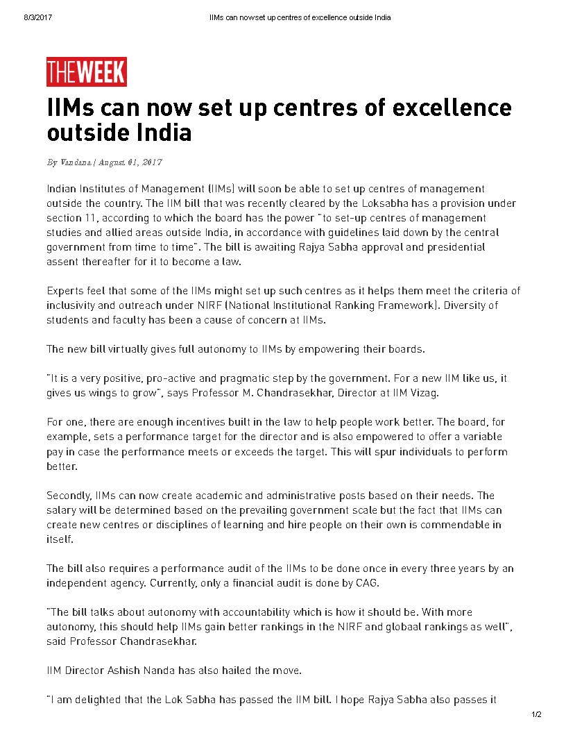 IIMs can now set up centres of excellence outside India - 01.08.2017