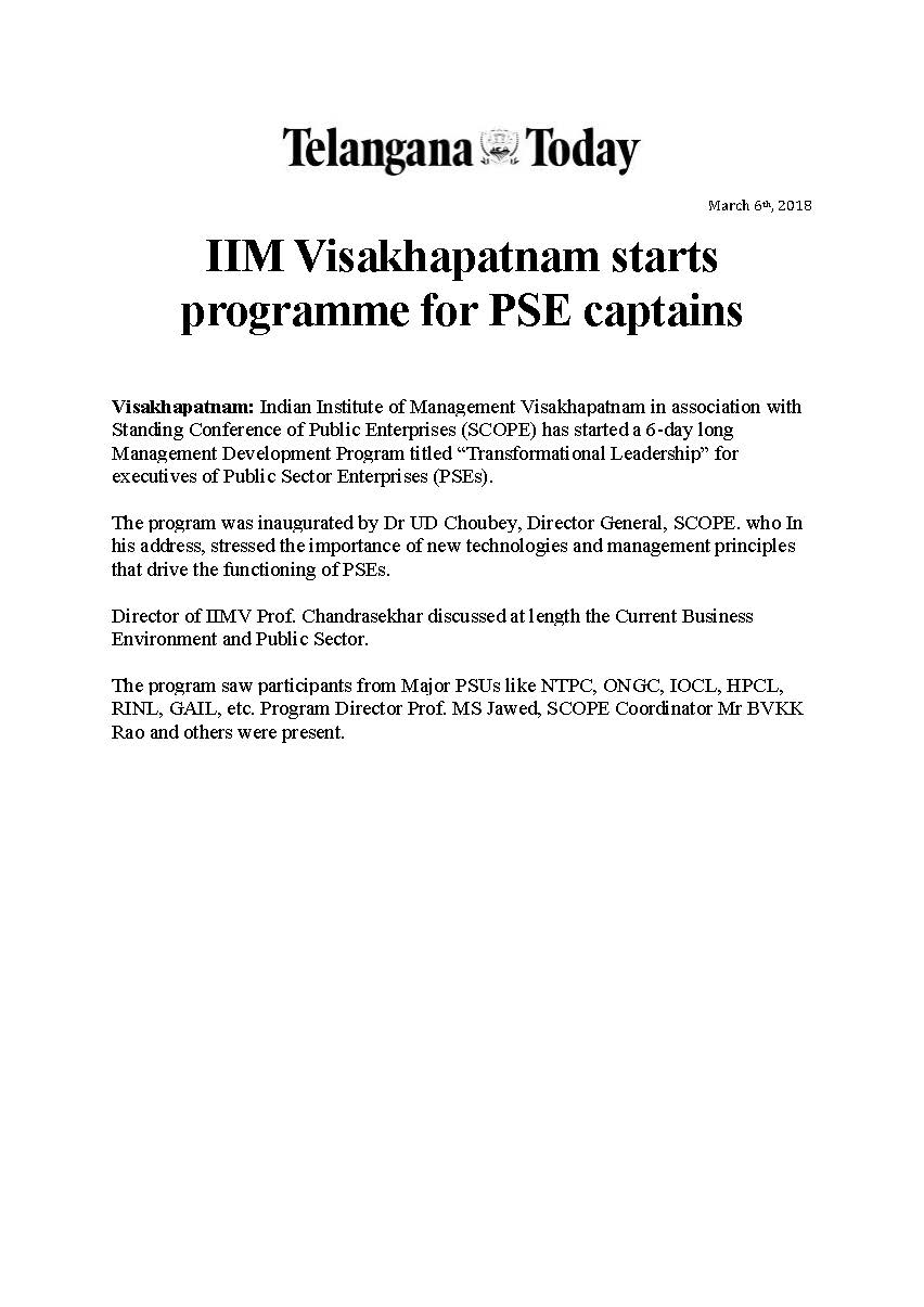 IIM Visakhapatnam starts programme for PSE captains - 06.03.2018