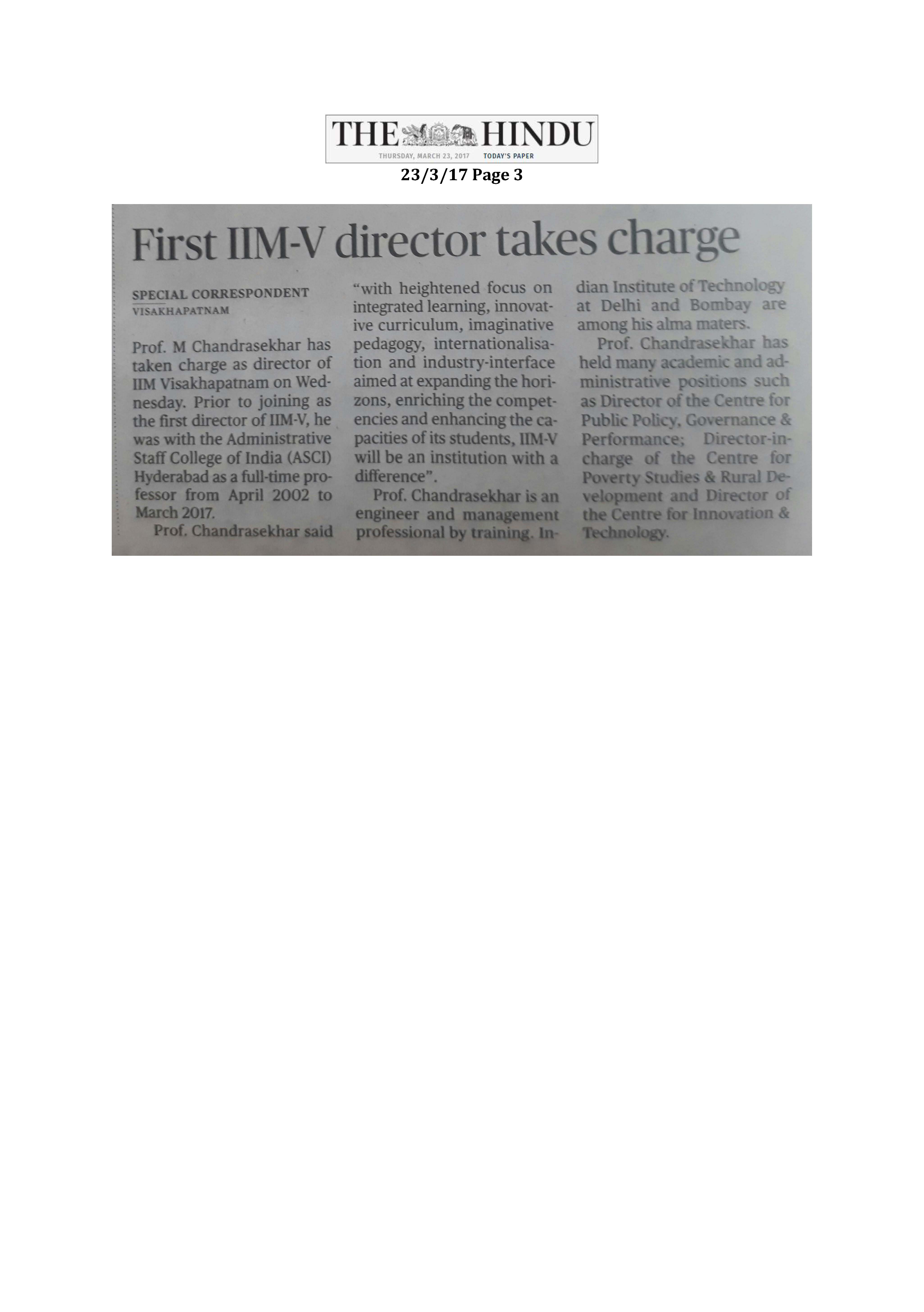 M Chandrasekhar assumes office of IIM-Vizag director - 23.03.2017