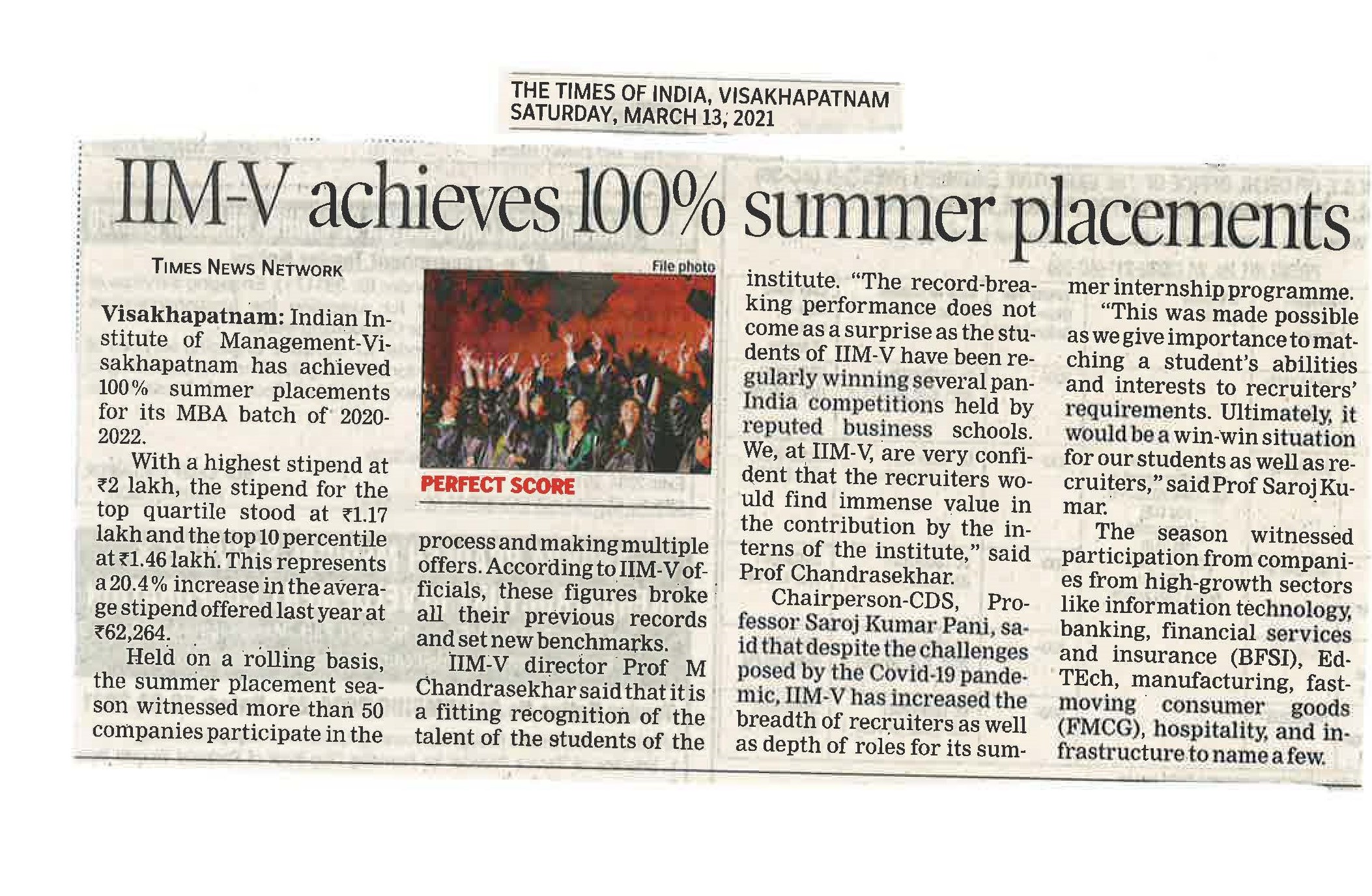 IIMV achieves 100 percent summer placements - 13.03.2021
