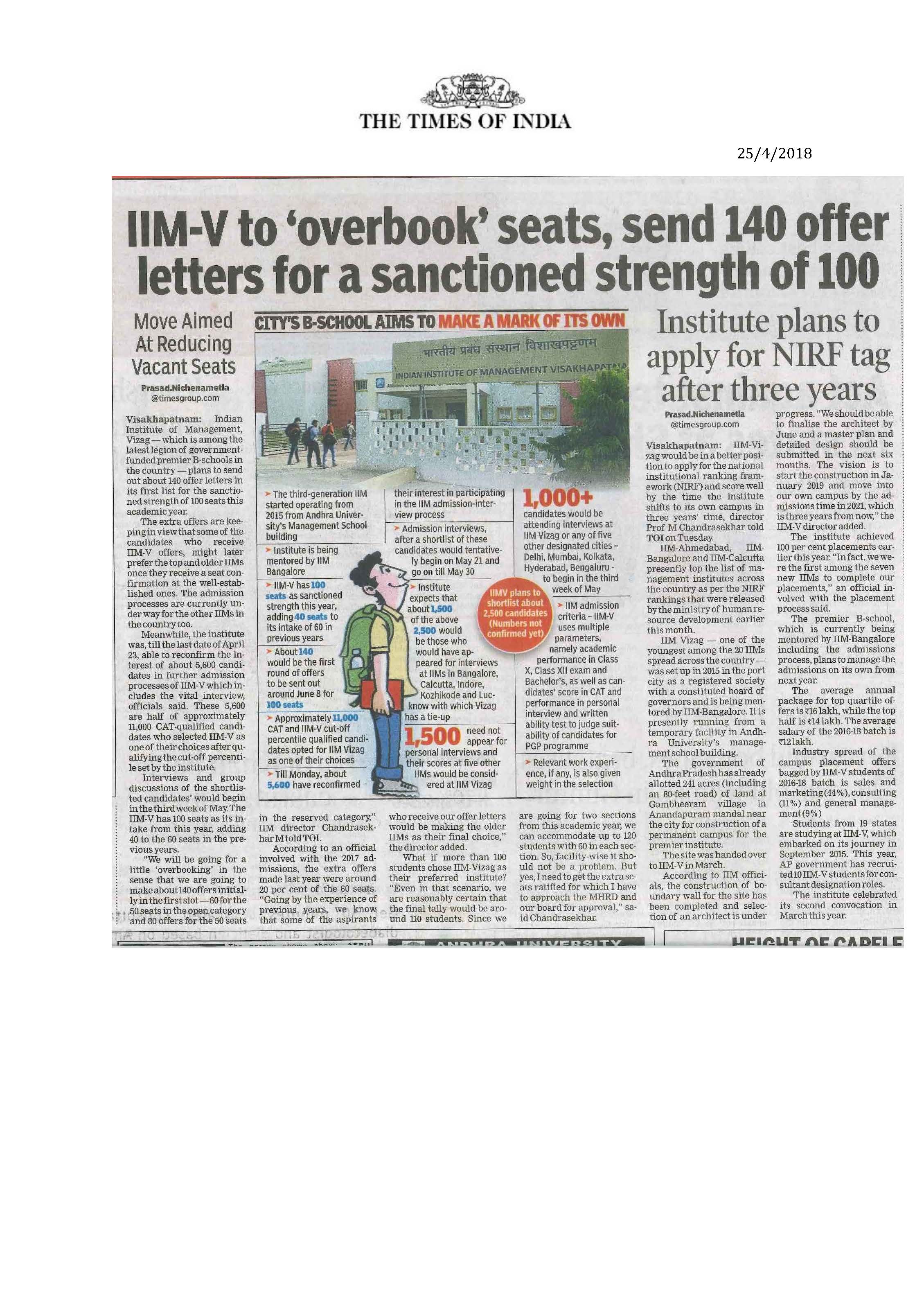 IIMV to overbook seats send 140 offer letters for a sanctioned strength of 100 - 25.04.2018
