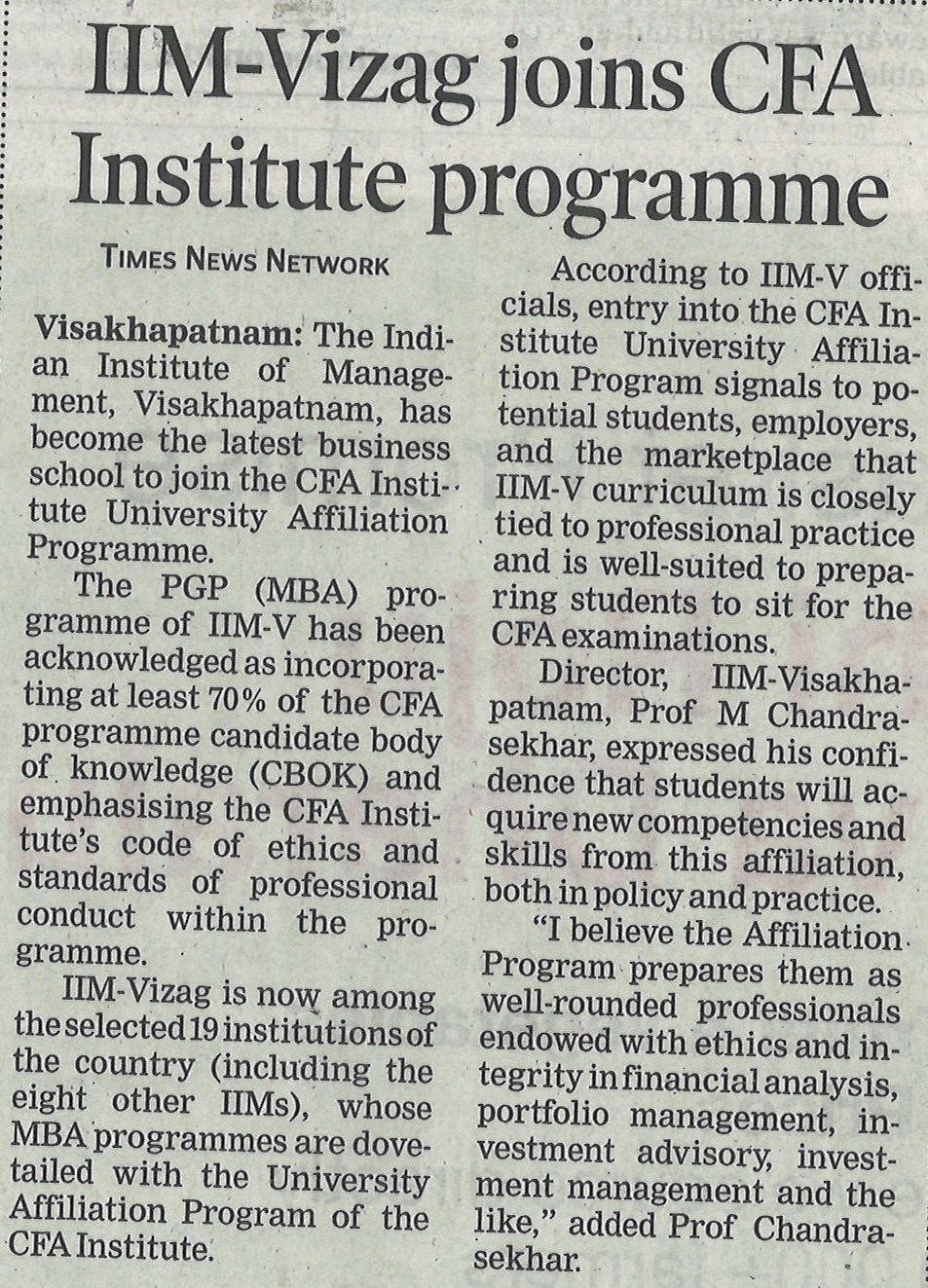 IIMV-Vizag joins CFA institute programme - 07.08.2021